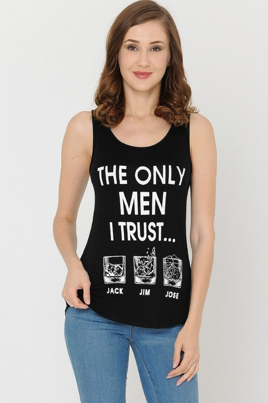 THE ONLY MEN I TRUST... JACK JIM  JOSE PRINTED TANK TOP, COUNTRY GIRL TOP/COUNTRY MUSIC WOMEN'S FASHION