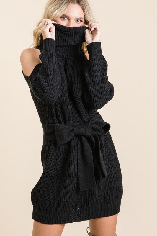 SEXY COLD SHOULDER COWL NECK BELTED KNIT SWEATER DRESS