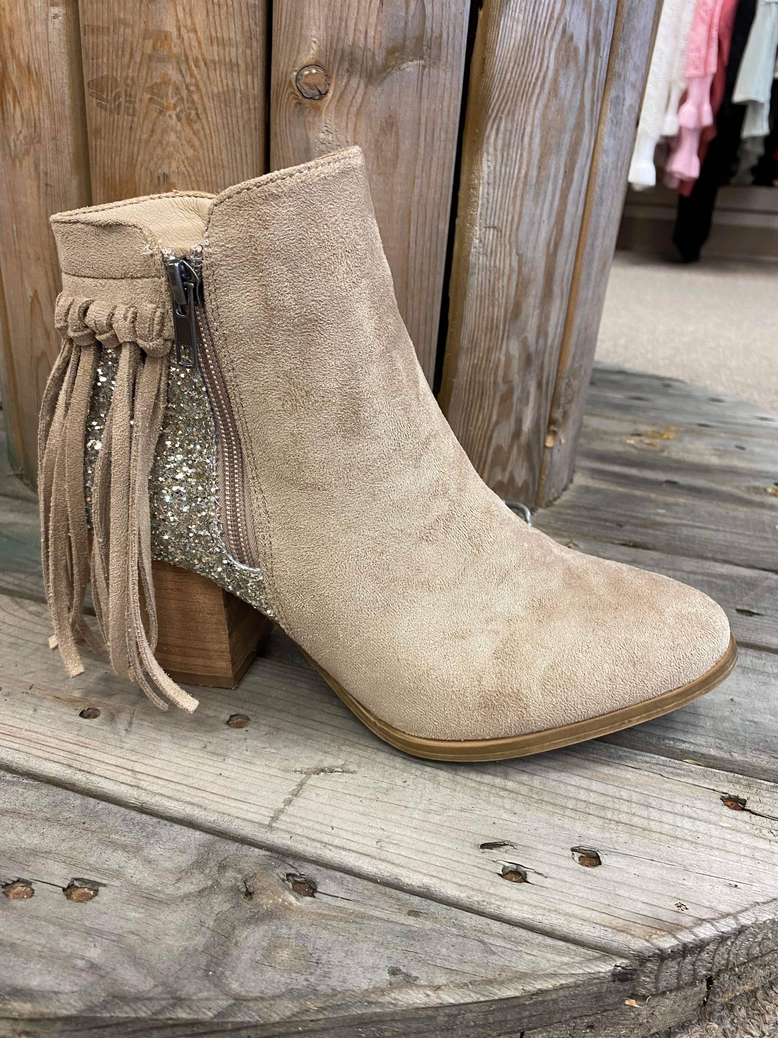 Festivities Fashion Boots Booties tassels, glitter, and a zipper on each side Taupe & Black