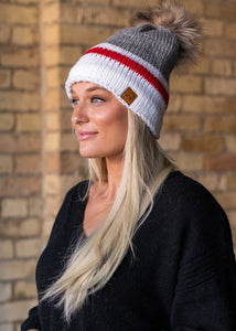 Grey and white color block with red stripe fleece lined knit hat with pom detail