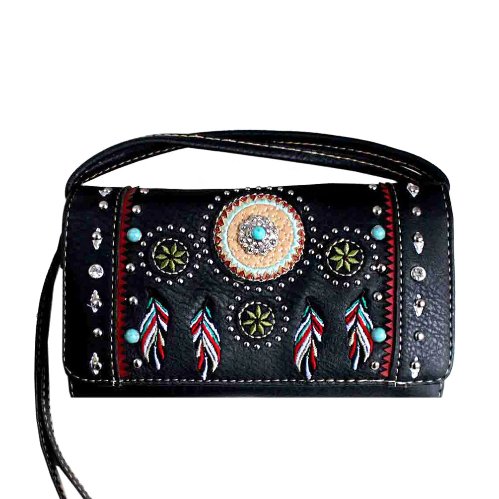 Zelris Tribal Native Dream Catcher Crossbody Wallet - Embroidered Feather & Concho Design, Fold Wallet With Strap - View #9