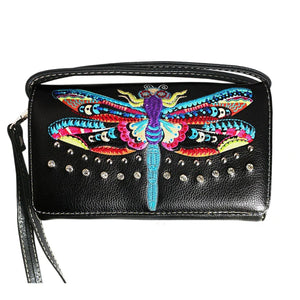 Dragon Fly Embroidery Trifold Clutch Crossbody Wallet