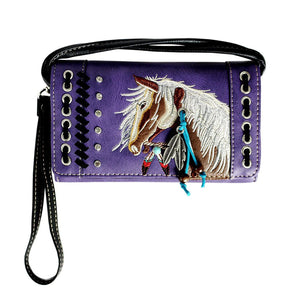 Horse Embroidery Western Trifold Clutch Crossbody Wallet