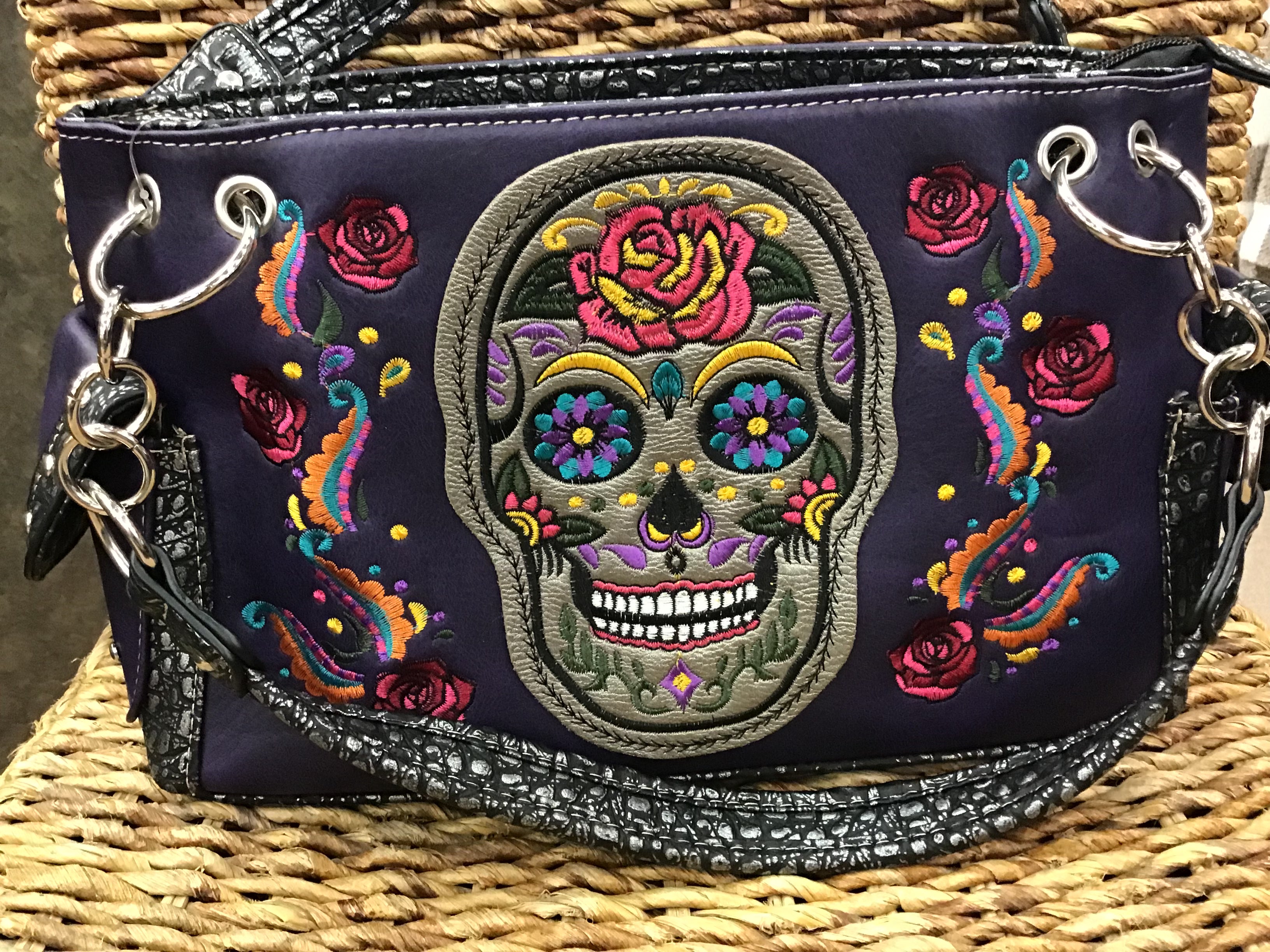 Embroidered Sugar Skull & Roses Handbag