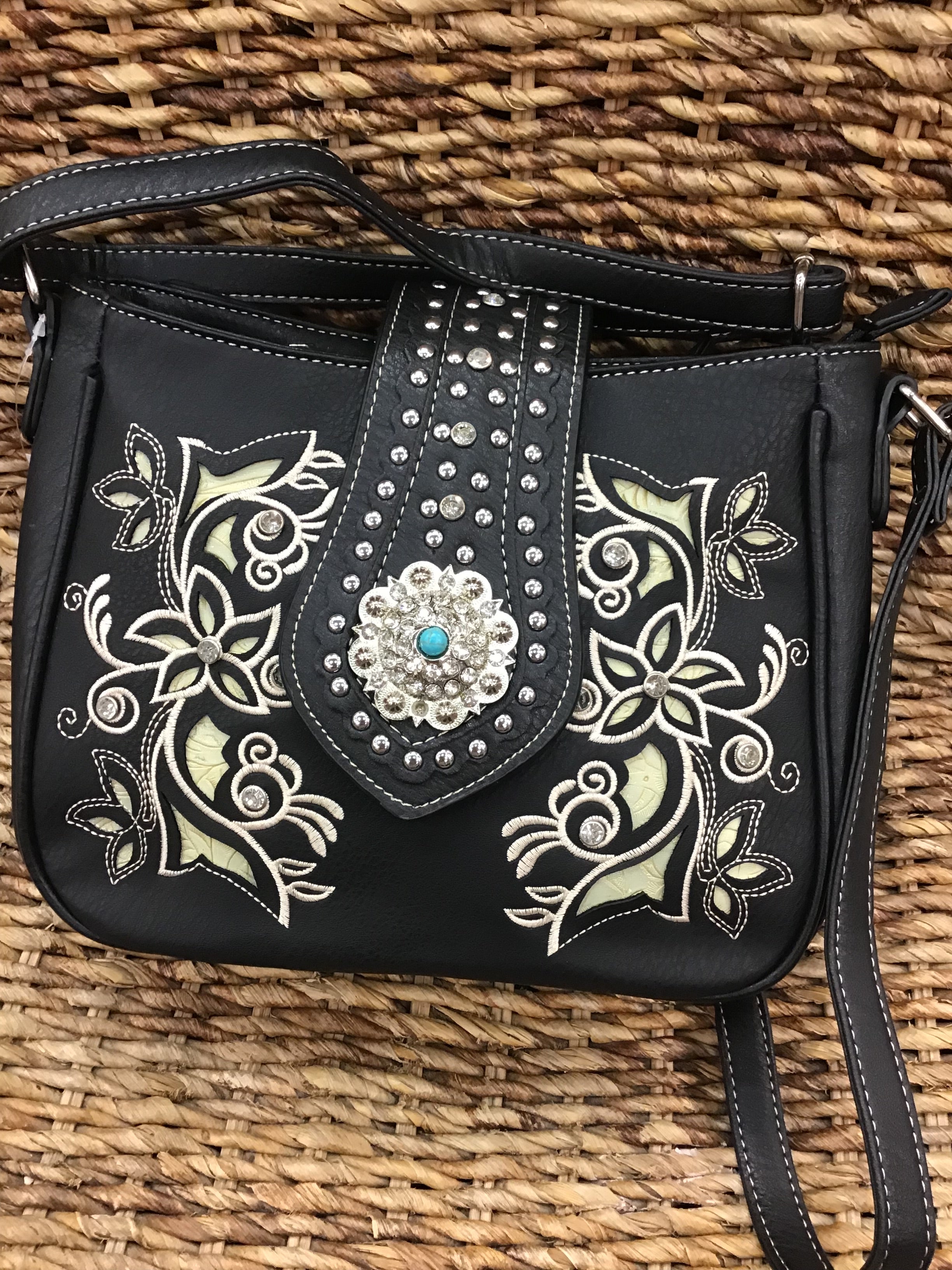 Concho Design Handbag With Floral Embroidery and adjustable Shoulder Strap