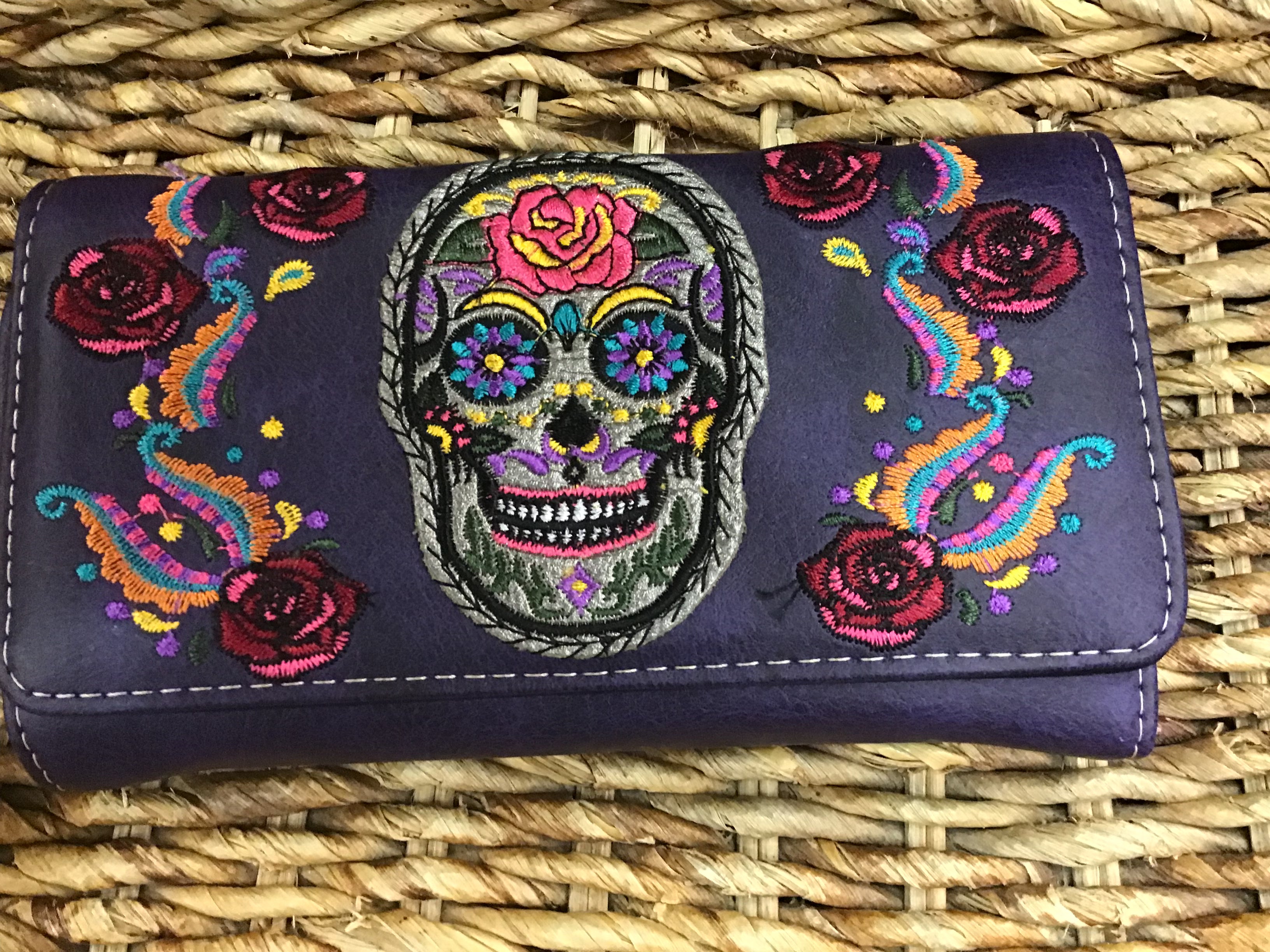 Sugar Skull and Roses Embroidered Wallet