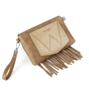 Wrangler Turquoise Stone Concho Fringe Clutch/Crossbody - Tan