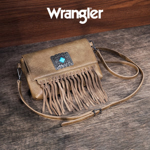 Wrangler Turquoise Stone Concho Fringe Clutch/Crossbody - Tan
