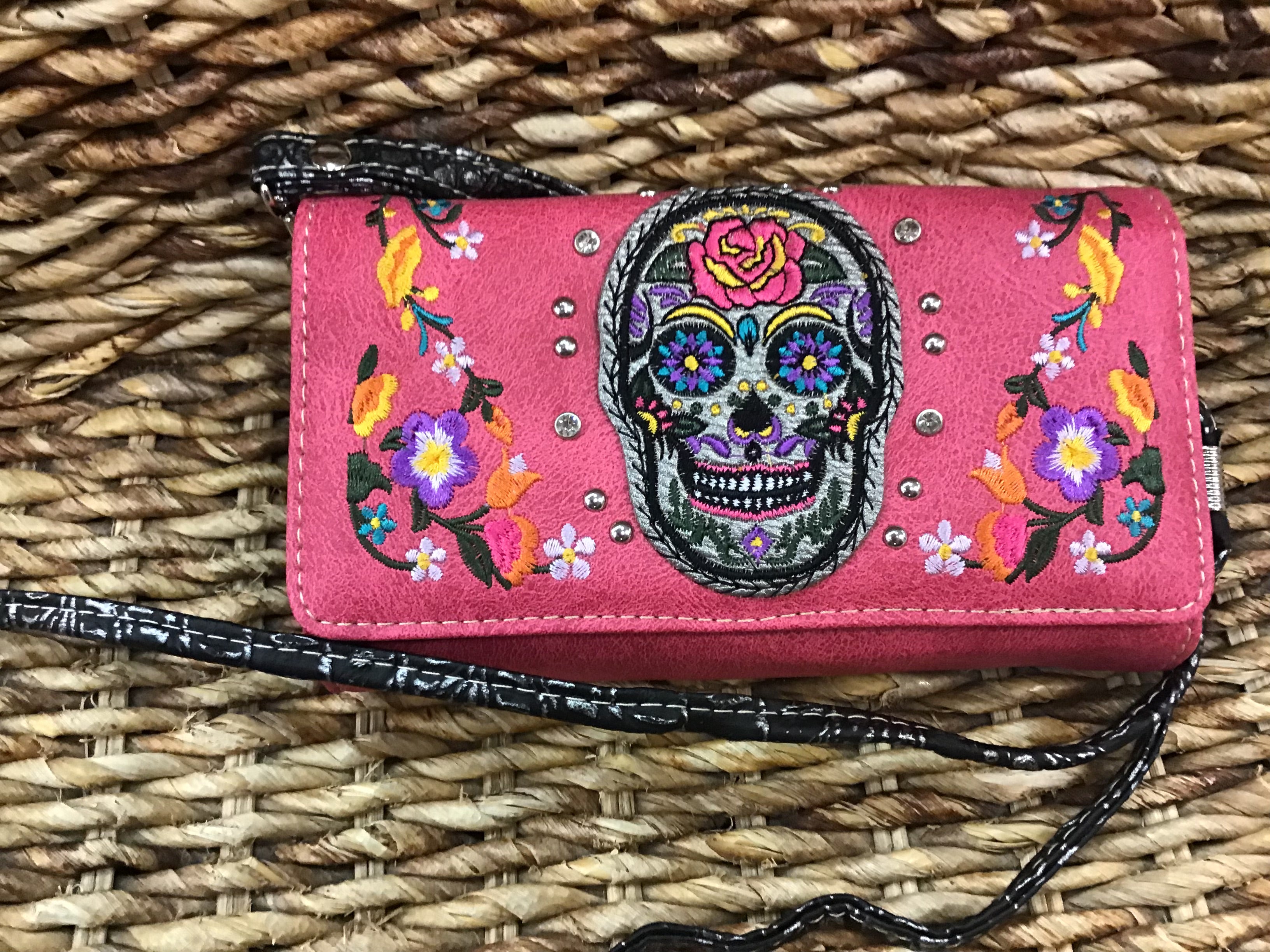 Western Sugar Skull Trifold Clutch Cross body Wallet-Turquoise , Black, Purple & Hot Pink