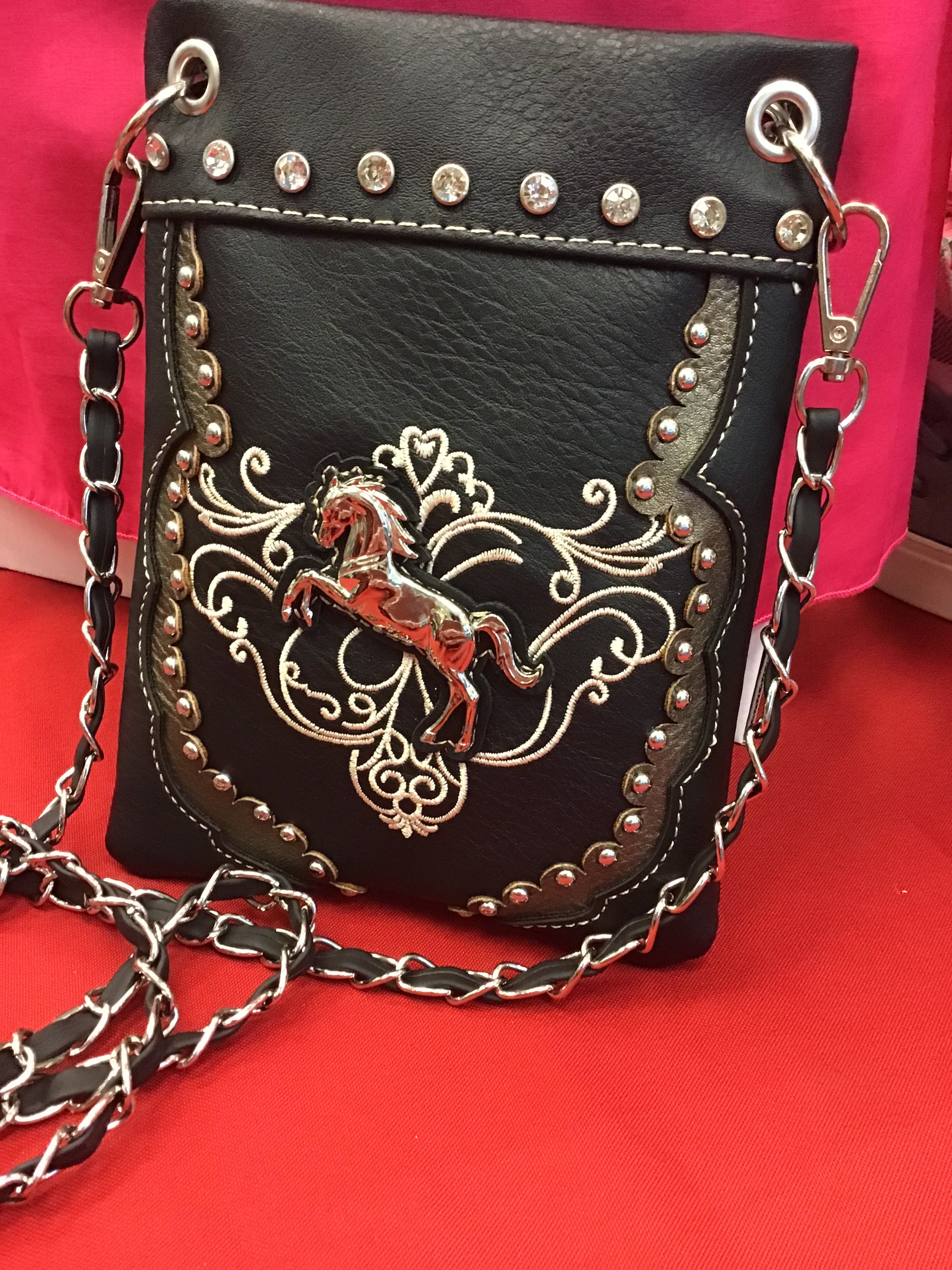 Crossbody Purse With Silver Horse, Studs and Rhinestones