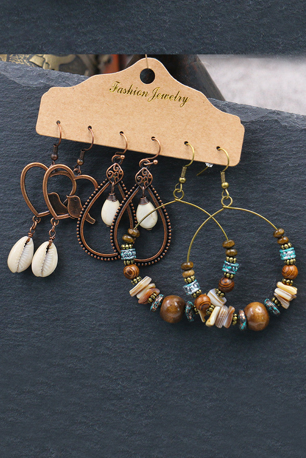 Cute Boho Brown Boho Heart-Shape Circle Waterdrop Beaded Earrings Set