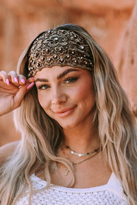 Brown Hollowed Lace Pearl Decor Elastic Headband
