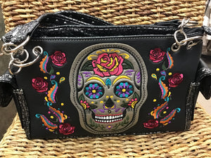Embroidered Sugar Skull & Roses Handbag