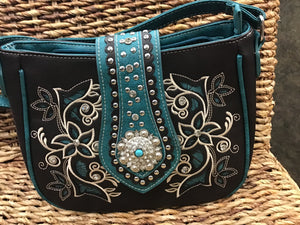 Concho Design Handbag With Floral Embroidery and adjustable Shoulder Strap