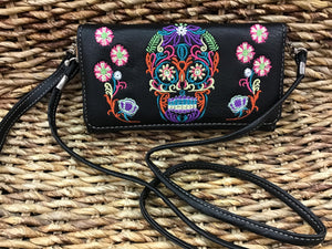 Black Embroidered Sugar Skull Wallet/ Crossbody
