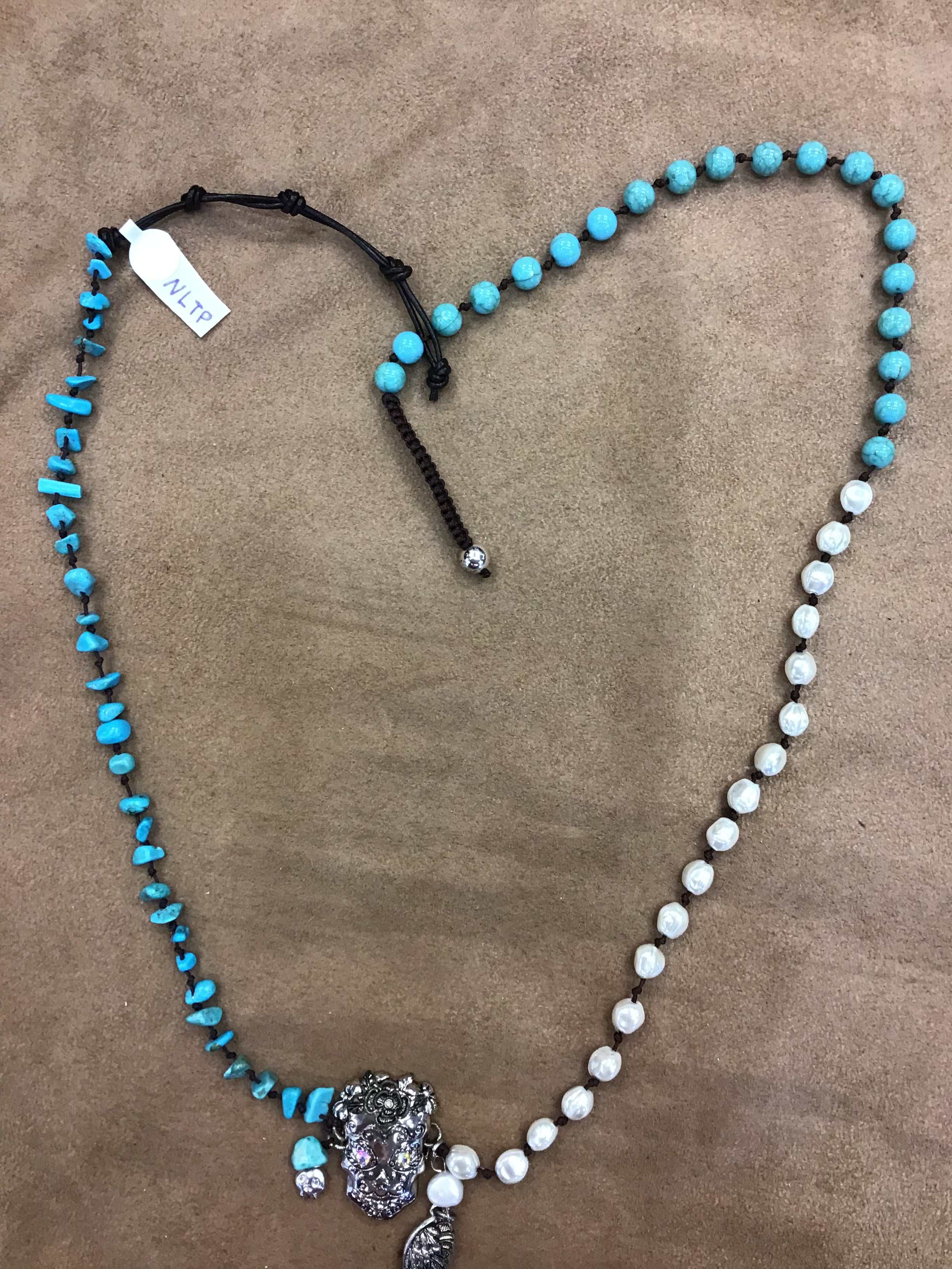 Turquoise and Pearly Skull Necklace