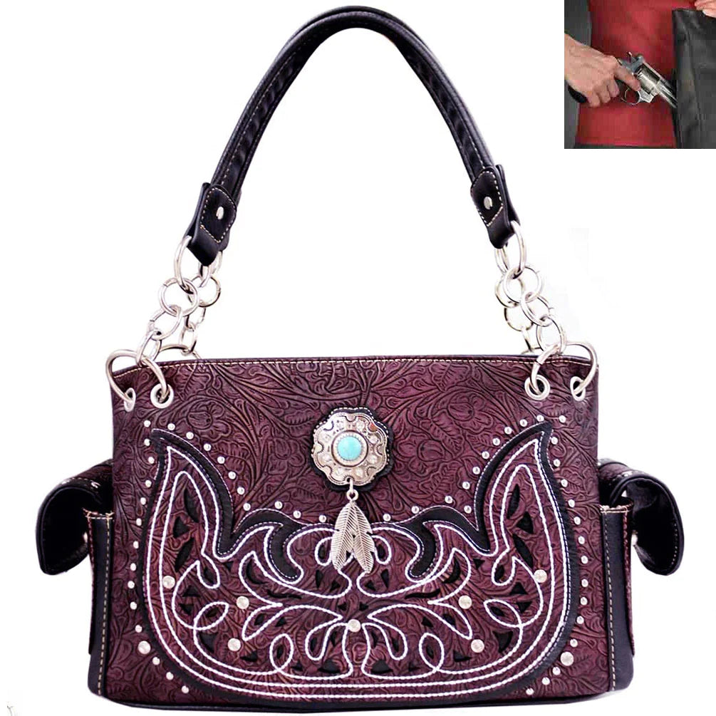 Turquoise Stoned Concho Tooling Western Shoulder Bag