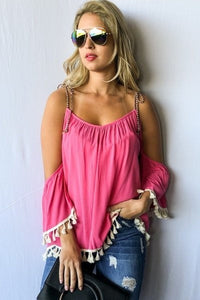 Green Floral Tassel Trim Off Shoulder Top