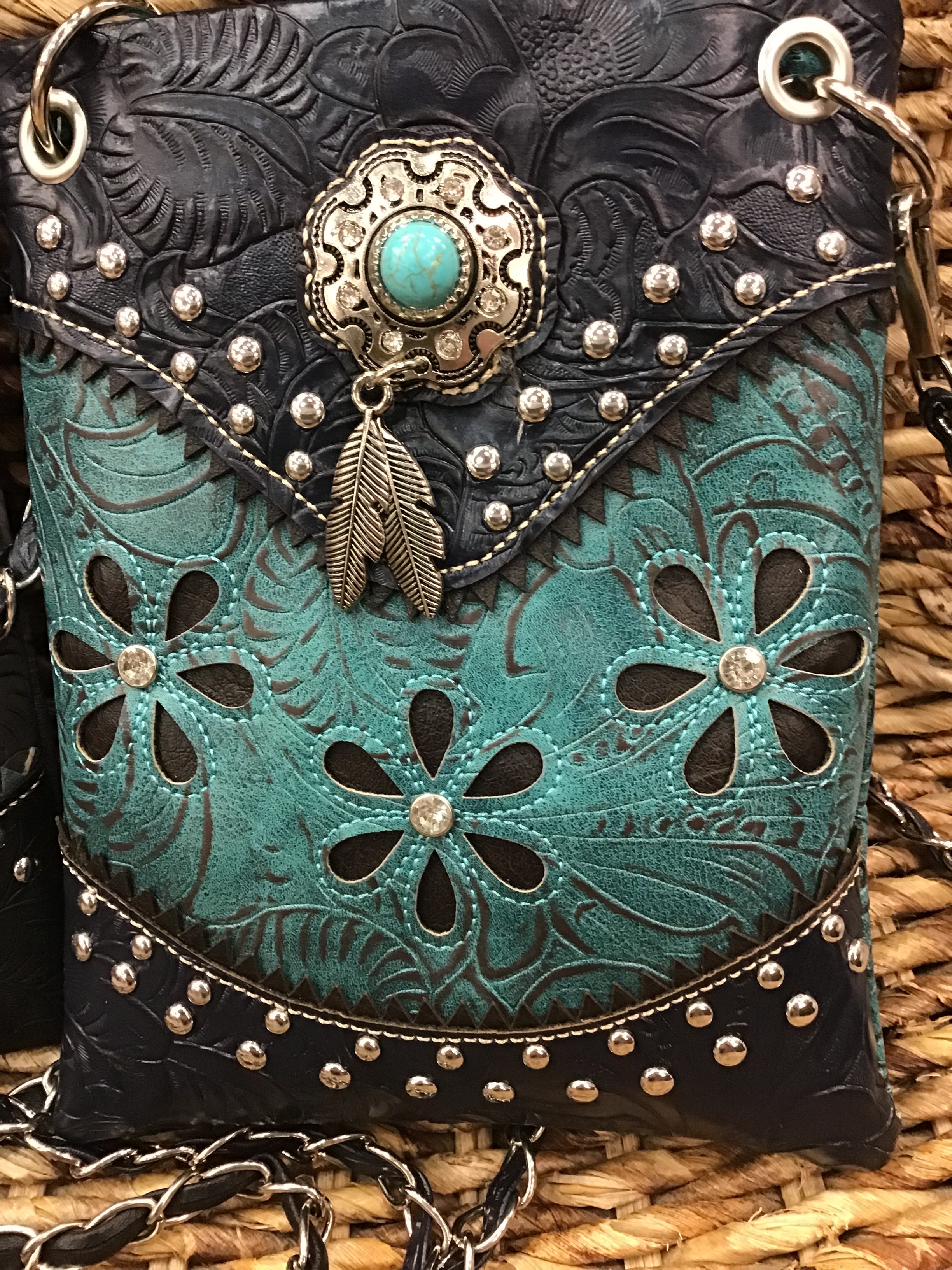 Crossbody Purse with Tooling and Decorative Feathers