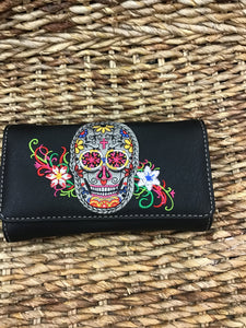 Embroidered Skull With Cross Wallet/ Crossbody