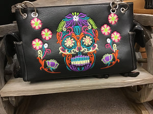Black Embroidered Skull and Floral Handbag
