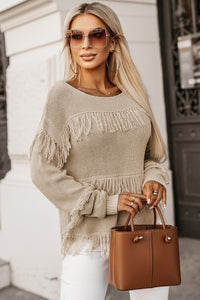 Tan Boho Tasseled Knitted Sweater