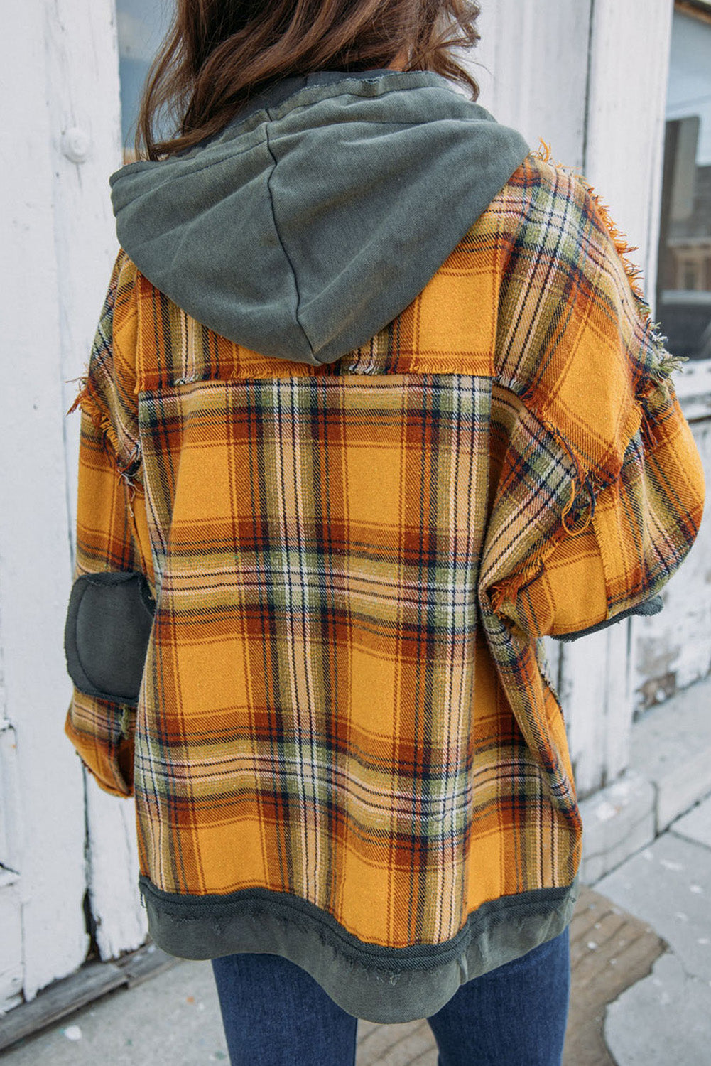 Plaid Patch Hooded Frayed Snap Button Jacket