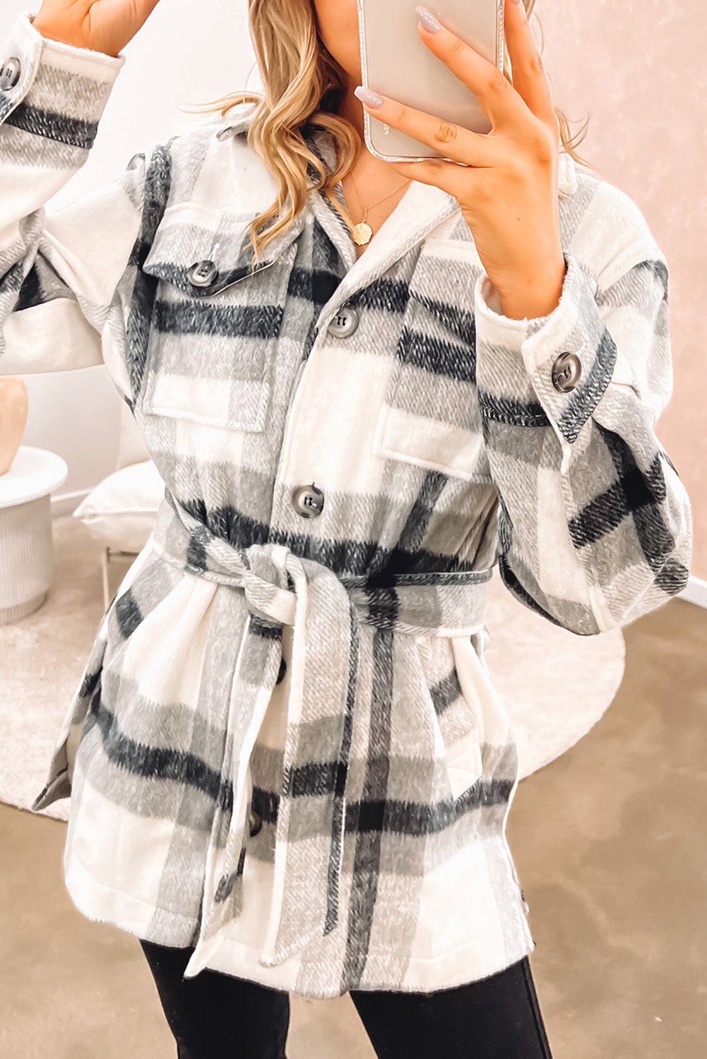 Belted Plaid Shacket Black Plaid Button-Up Flap Pocket Shacket