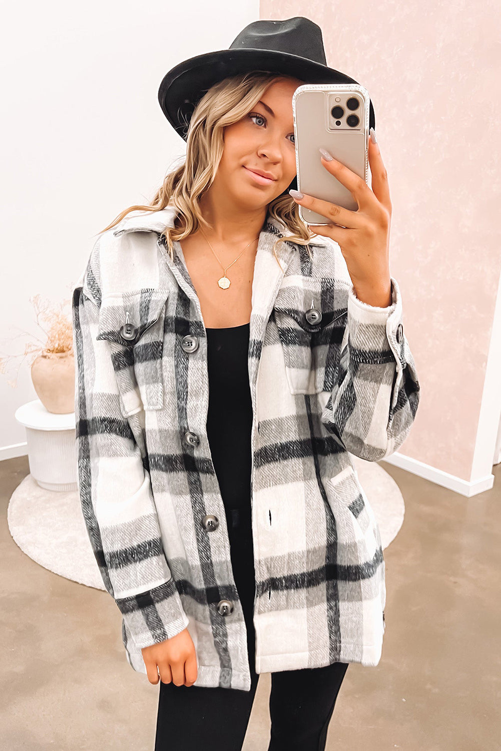 Belted Plaid Shacket Black Plaid Button-Up Flap Pocket Shacket