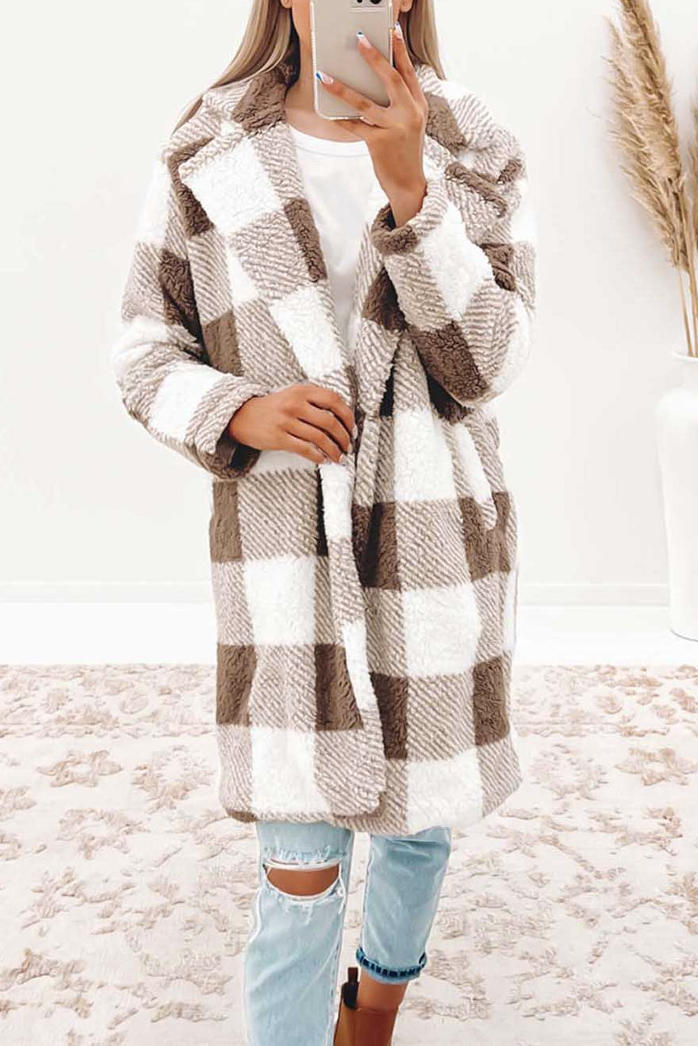 Chocolate Brown Plaid Lapel Collar Long Open Front Coat