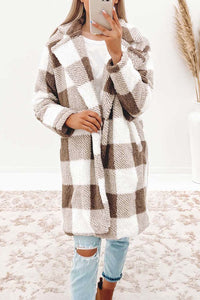 Chocolate Brown Plaid Lapel Collar Long Open Front Coat