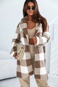 Chocolate Brown Plaid Lapel Collar Long Open Front Coat