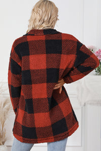 Fuzzy Plaid Shacket With Side Pockets