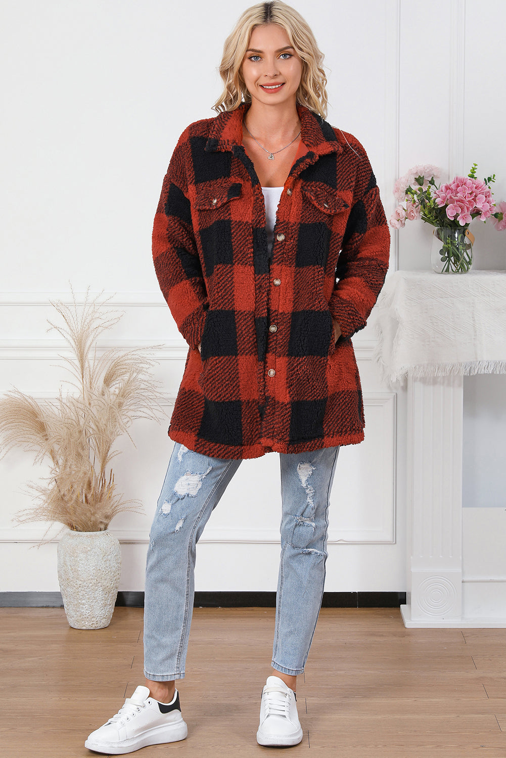 Fuzzy Plaid Shacket With Side Pockets