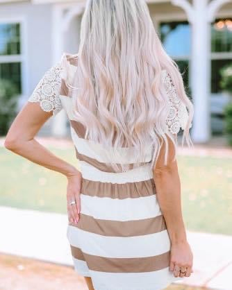 Striped Mini Dress With Crochet Lace Sleeves