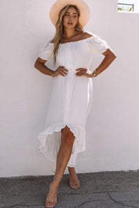 Short Sleeved High Low Dress in White