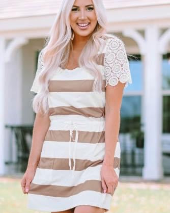 Striped Mini Dress With Crochet Lace Sleeves