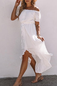 Short Sleeved High Low Dress in White