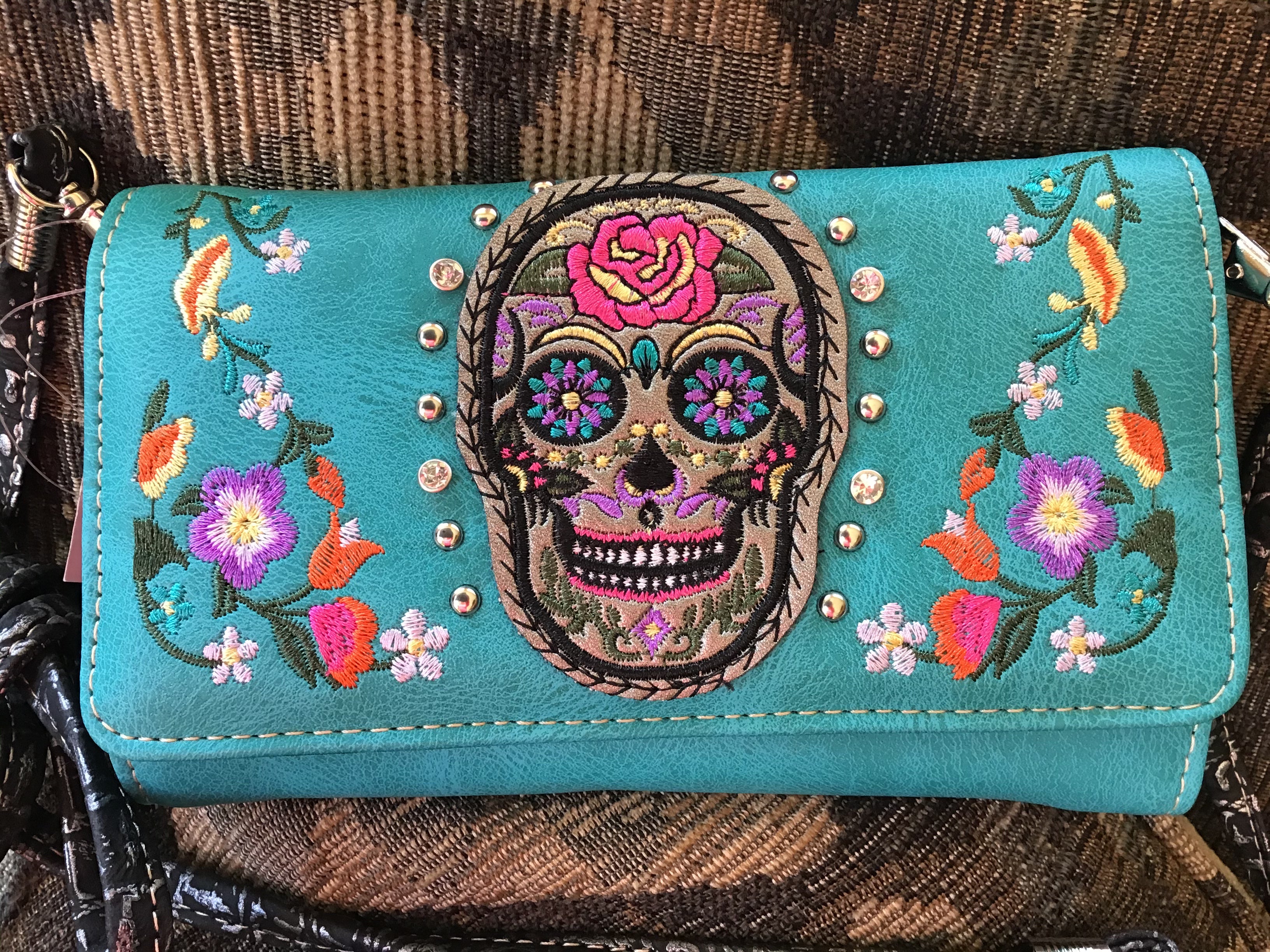 Western Sugar Skull Trifold Clutch Cross body Wallet-Turquoise , Black, Purple & Hot Pink