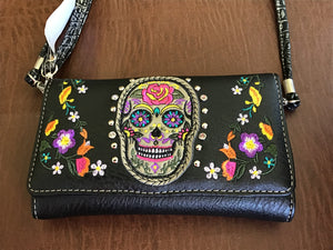 Western Sugar Skull Trifold Clutch Cross body Wallet-Turquoise , Black, Purple & Hot Pink