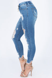 DISTRESSED DENIM JEANS JOGGERS WITH DRAWSTRINGS