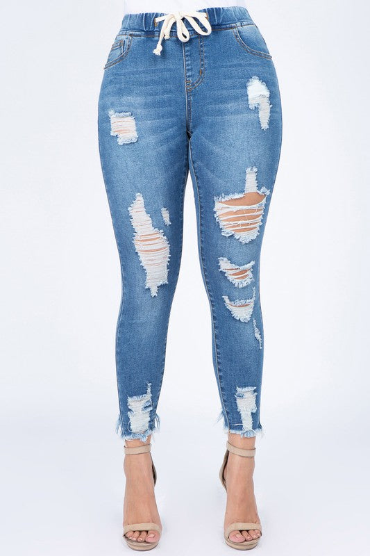 DISTRESSED DENIM JEANS JOGGERS WITH DRAWSTRINGS