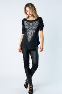 Ladies Black Short Sleeve Gorgeous SPECIAL WASHED CROCHET OPEN SLEEVE TOP WITH CROSS WITH STONES