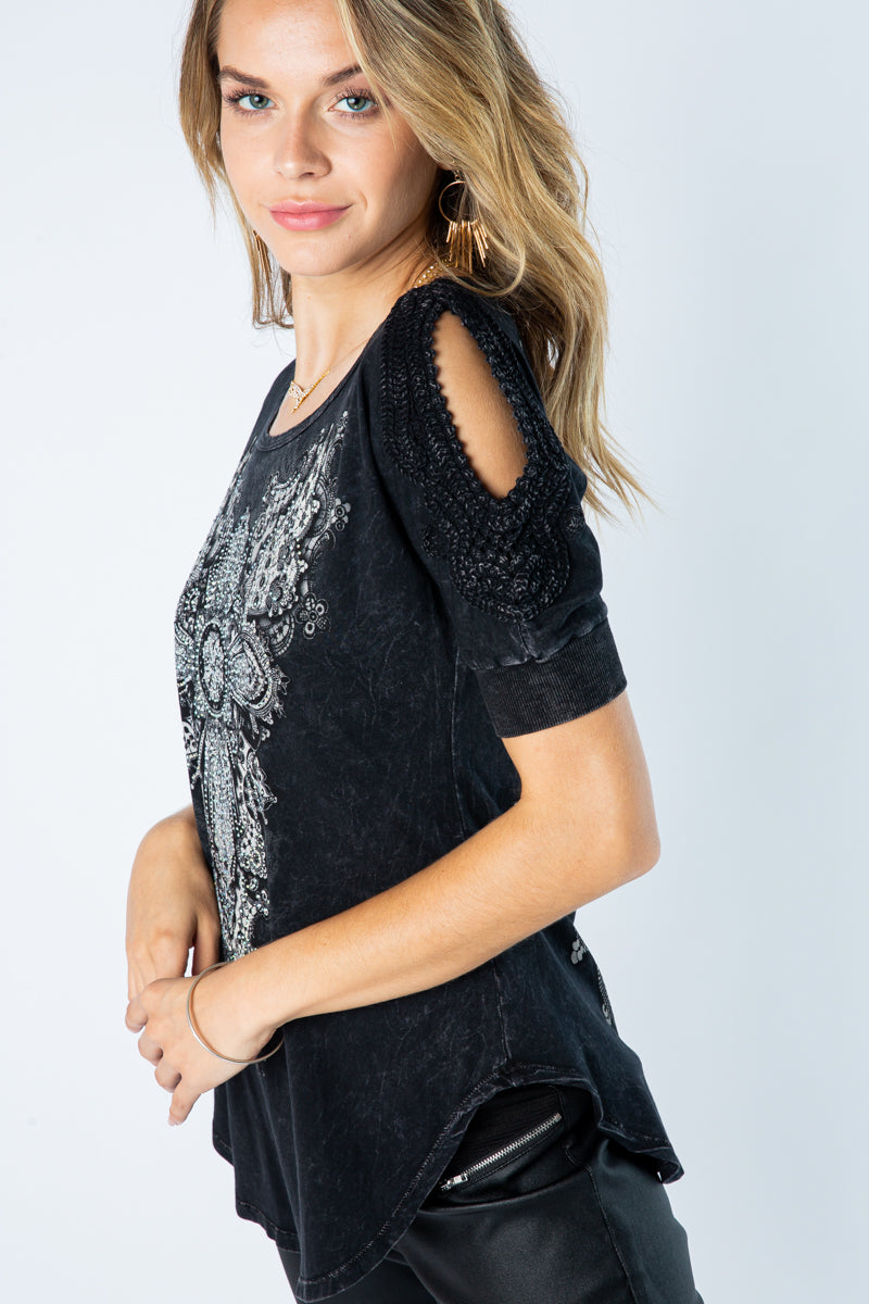 SPECIAL WASHED CROCHET OPEN SLEEVE TOP WITH CROSS WITH STONES