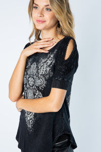SPECIAL WASHED CROCHET OPEN SLEEVE TOP WITH CROSS WITH STONES