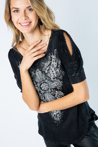 Ladies Black Short Sleeve Gorgeous SPECIAL WASHED CROCHET OPEN SLEEVE TOP WITH CROSS WITH STONES