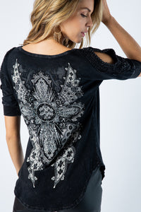 SPECIAL WASHED CROCHET OPEN SLEEVE TOP WITH CROSS WITH STONES