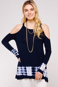 Navy Long sleeve Cold Shoulder tie dye fashion top