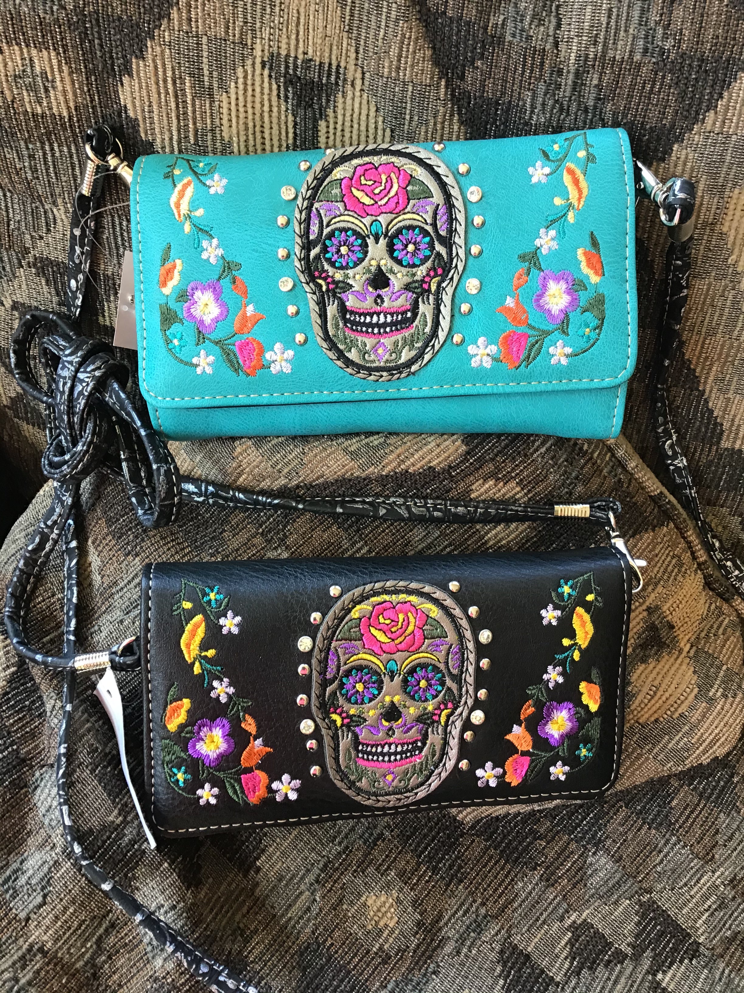 Western Sugar Skull Trifold Clutch Cross body Wallet-Turquoise , Black, Purple & Hot Pink