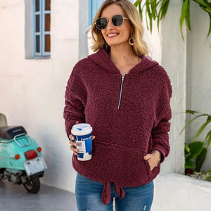 Fashion Women Casual Solid Velvet Long Sleeve Hooded Zipper Pocket Sweatshirt